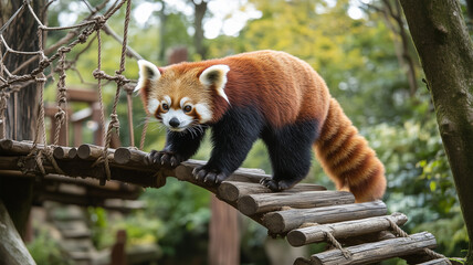 Fototapeta premium 日本の動物園の吊り橋を慎重に渡るレッサーパンダの愛らしい姿
