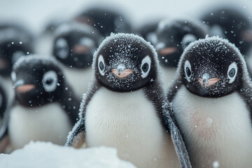 A group of penguins on a snowy day. Adelie penguins