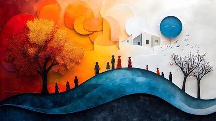 Panoramic view of a sustainable energy efficient neighborhood with diverse families enjoying a vibrant nature centric community life featuring tree lined streets community gardens