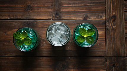  Three Glasses with Ice and Fresh Mint on Rustic Wooden Table