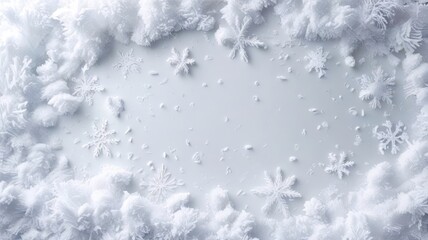 A snow-covered landscape with a white background and a snowflake pattern