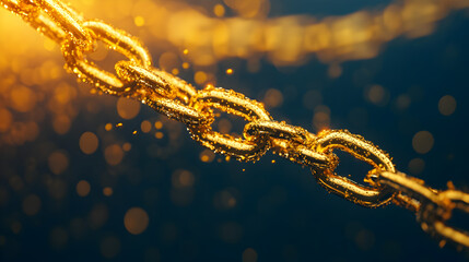 Fototapeta premium Golden chain links sparkle in abstract composition underwater environment close up