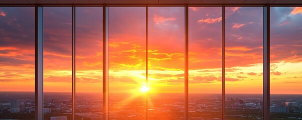Fototapeta premium Majestic cityscape view showcasing a brilliant sunset through large windows
