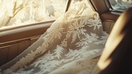 Frost flowers crisply pattern the car seat, softly illuminated by the golden light of morning through the window.