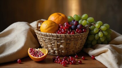 Artistic still life featuring fresh fruits in a basket with light effect