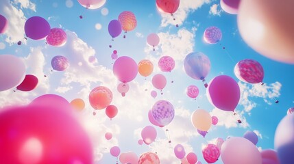 A sky filled with pink and purple balloons ascending towards fluffy clouds, evoking joy and a sense of freedom on a perfect day.