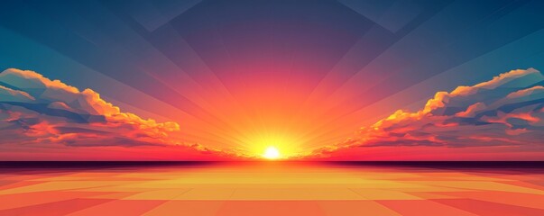 Fototapeta premium A vibrant and stylized sunset over a calm geometric horizon