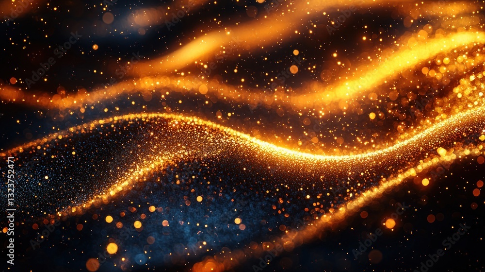 Poster abstract golden light waves background with glowing particles and bokeh