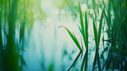 Delicate green reeds reflect in still water, surrounded by warm sunlight and creating a peaceful and idyllic nature scene.