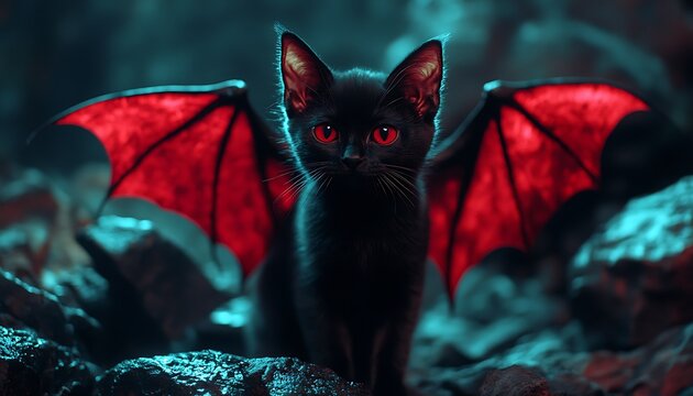 Black kitten with red bat wings on rocks.