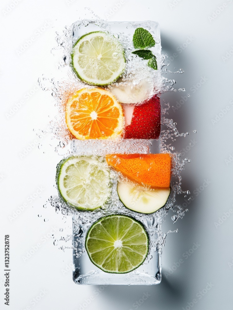 Poster Hydro-Fusion Citrus Splash Dynamic Frozen Fruit Infusion Visualizing Cutting-Edge Beverage Design and Sensory Refreshment Innovation