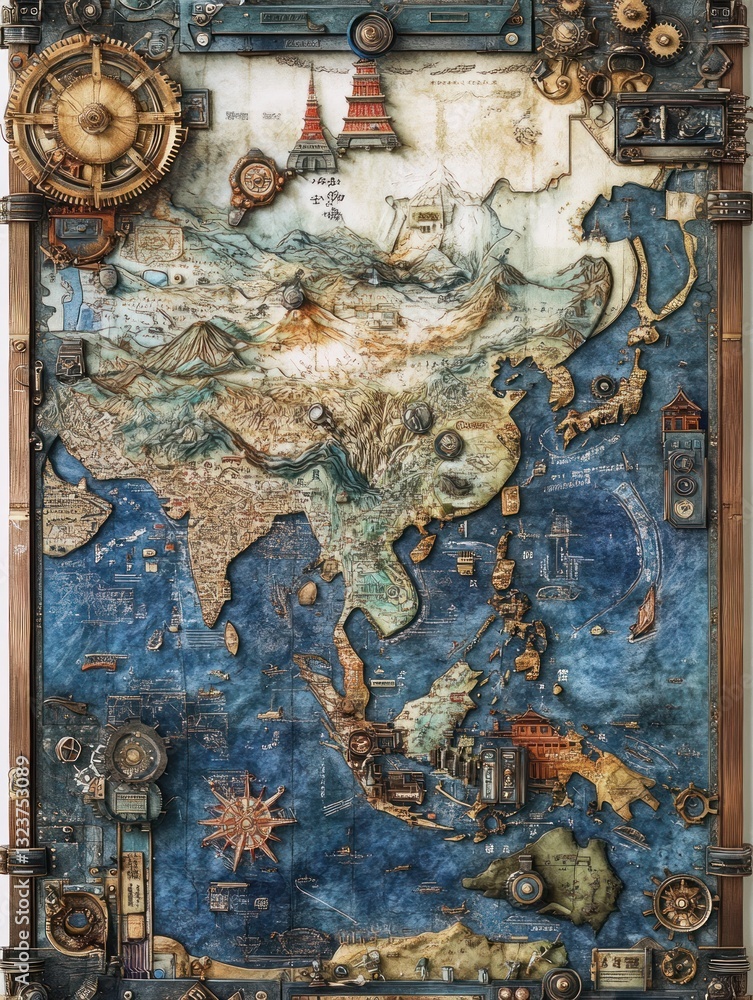 Poster detailed map artwork textured with mechanical and metallic elements