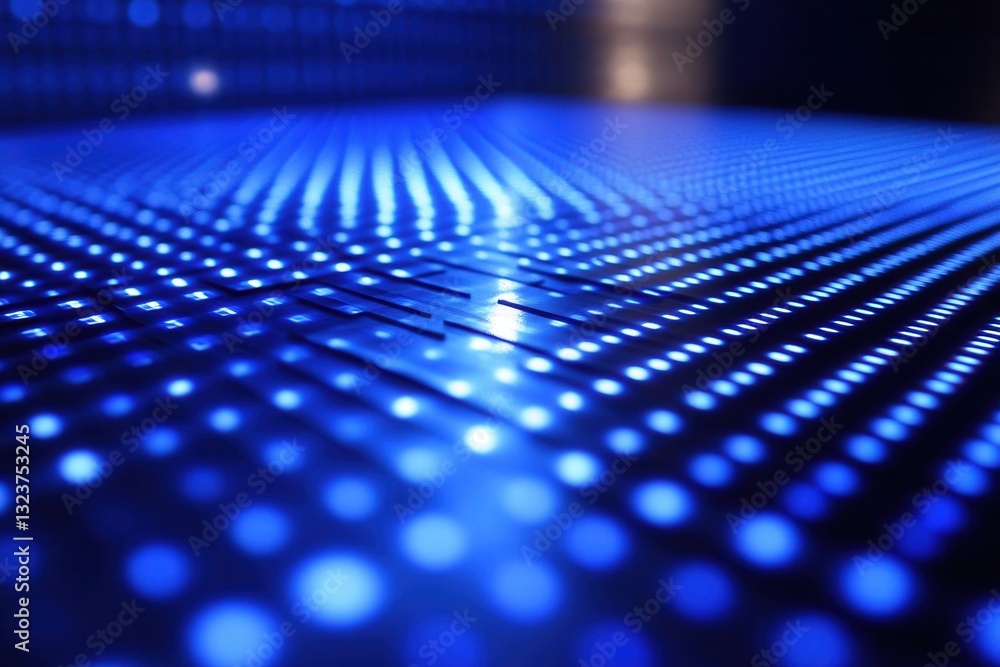 Poster futuristic grid with holographic effects in blue and silver showcasing a glowing node at the golden 