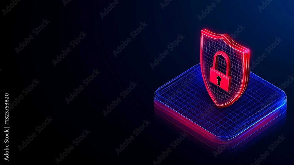 Poster 3d digital shield with padlock symbolizing cybersecurity protection and data encryption in modern te