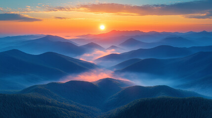 Fototapeta premium Early morning sunrise and distant mountain scenery