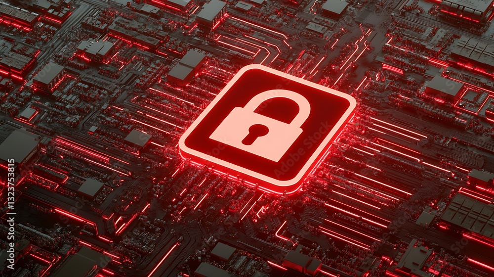Poster abstract digital background featuring a glowing lock symbol representing data security and cyber pro