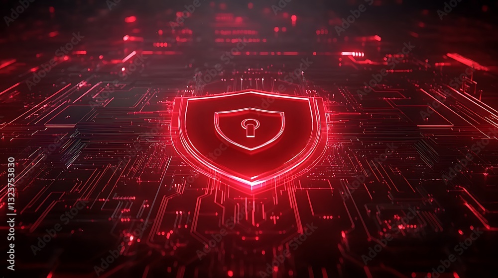 Poster abstract digital background with glowing shield symbol showcasing cybersecurity and protection conce
