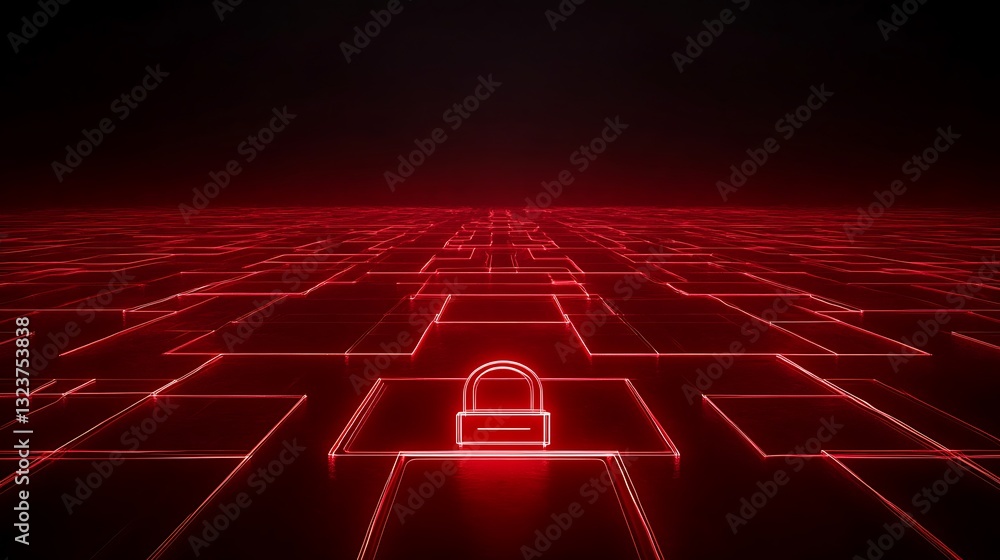 Poster abstract digital landscape with glowing red lock symbolizing cybersecurity and data protection conce