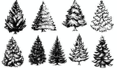 Black and white christmas tree collection in linear style, icons set, vector design.
