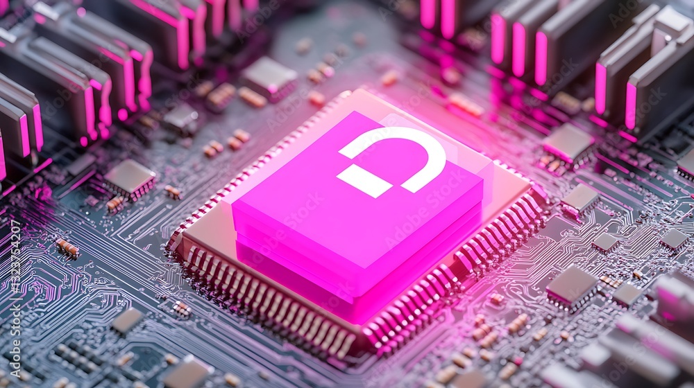 Poster abstract digital technology background with microchip and neon elements on a circuit board
