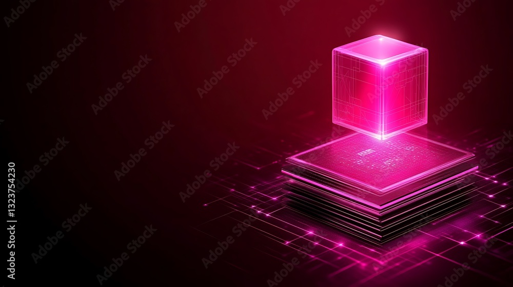 Poster abstract futuristic technology concept with neon cube and circuit board background design