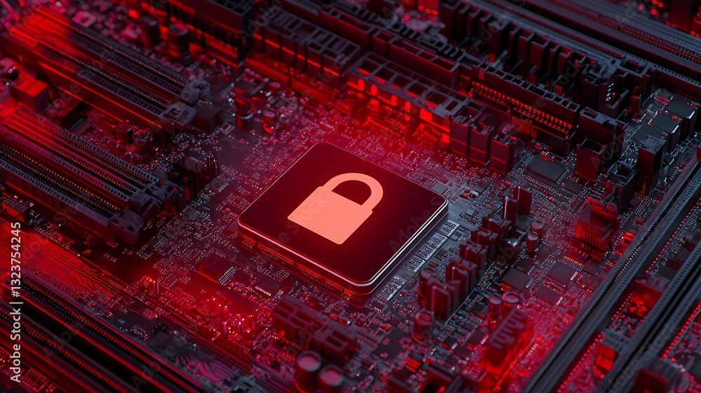 Poster abstract digitally rendered circuit board with a red padlock symbol, representing cybersecurity and 
