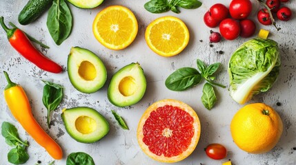 Naklejka premium Healthy food background. Healthy vegan vegetarian food in paper bag vegetables and fruits on white, copy space. Shopping food supermarket and clean vegan eating concept