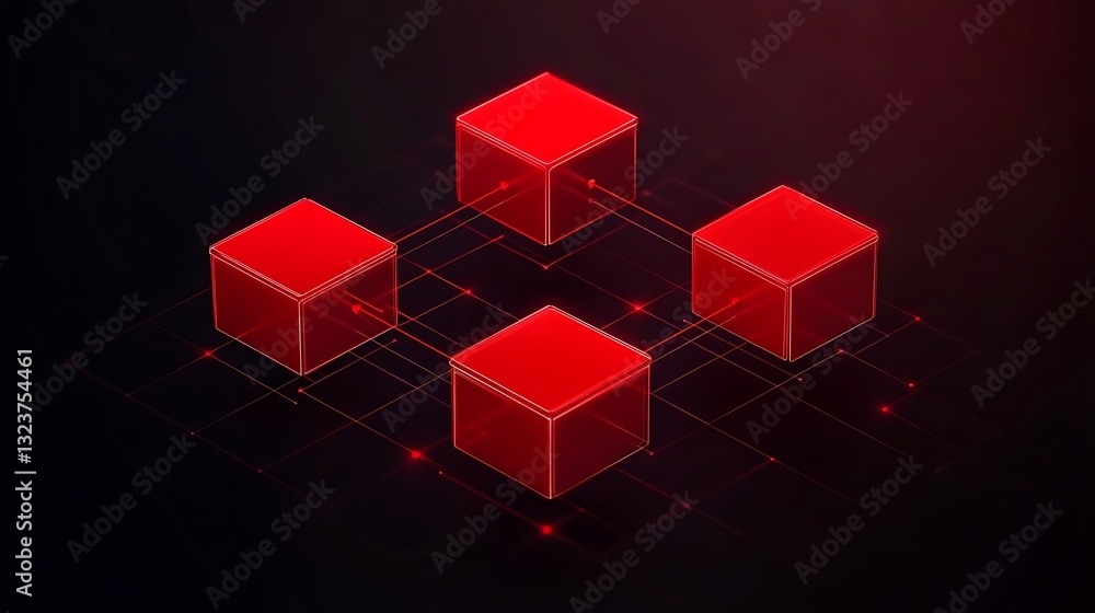 Poster abstract red cubes connected by lines on dark background for technology and digital concepts