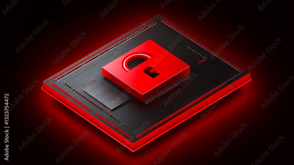 Poster abstract red computer chip with modern design on dark background for technology and innovation conce