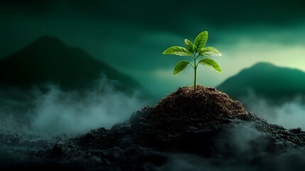 Resilient seedlings pushing through a virtual landscape showcasing the symbiosis of organic life and digital technology in service of ecological through muted tones and intricate details in a digital