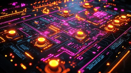 Futuristic circuit board with glowing neon lights and digital connectivity