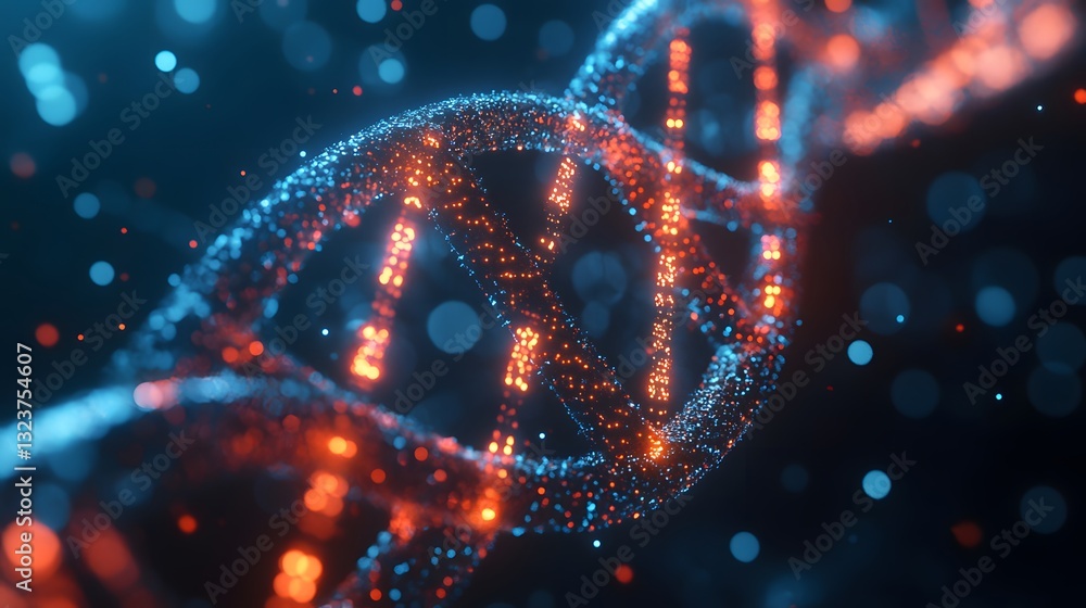 Poster a glowing double helix structure with a dark bokeh background