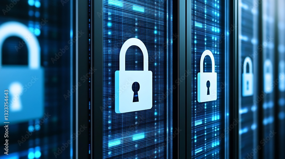 Poster blue digital background with security locks and high-tech data servers for cybersecurity concepts