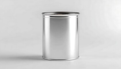 Blank silver metal can on white background.