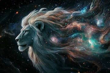 Celestial lion in cosmic majesty. AI generated
