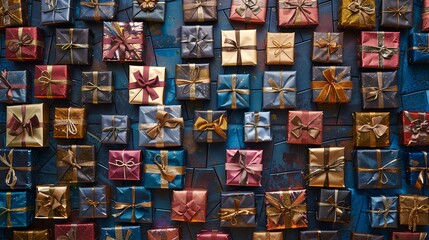 A wall of wrapped gifts in various colors and patterns.