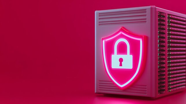 Bright pink shield logo with padlock symbol on server, representing cybersecurity and data protection concept