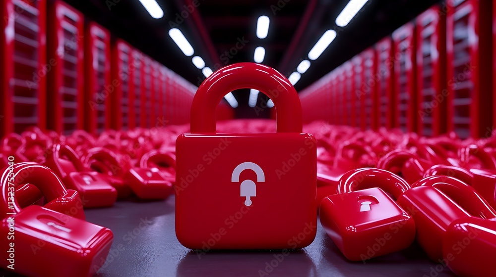Poster bright red locks with open padlock symbol positioned on floor surrounded by several red locks in a d