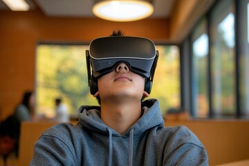 Futuristic concept of immersive technology, featuring a stylish man with a VR headset and a modern outfit..