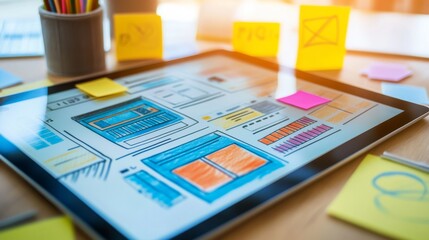 A tablet display shows colorful website wireframes, surrounded by pencils and sticky notes, in a well-lit, creative workspace.