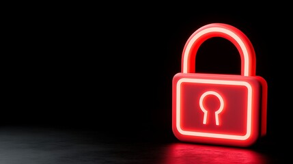 Bright Red Neon Lock Icon on Black Background Representing Security and Protection Concept in Digital World
