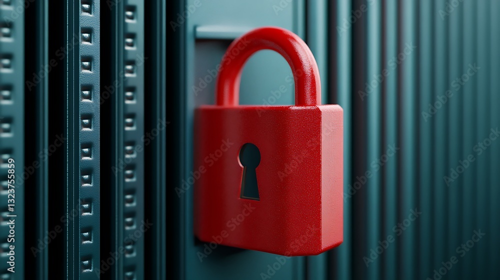 Poster bright red padlock secured on metallic door with vertical lines and texture highlighting security an