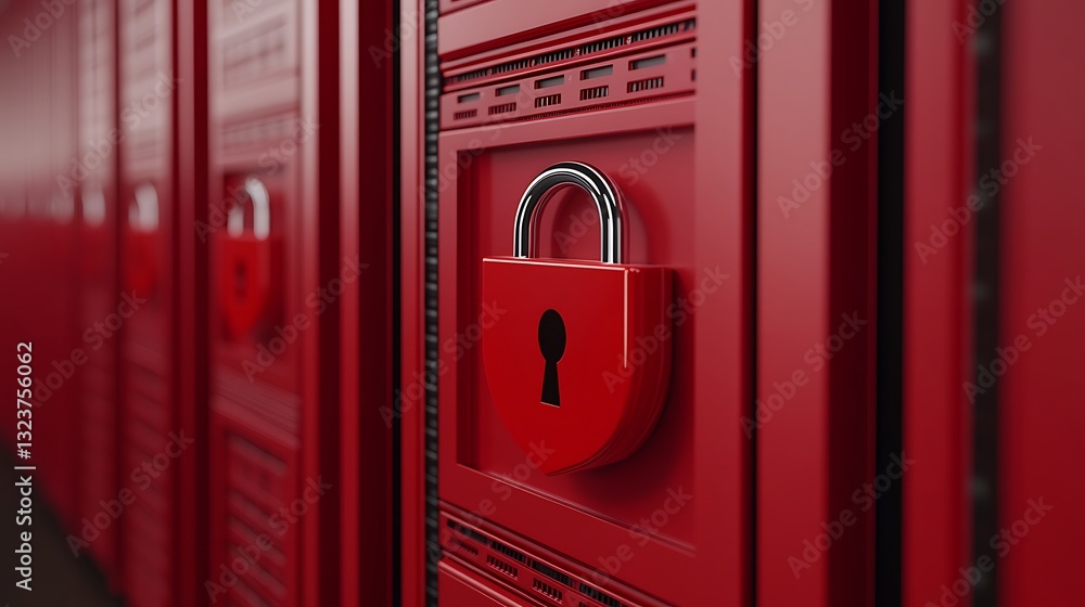 Poster close-up of red padlock on secure storage locker with digital background for security concept repres
