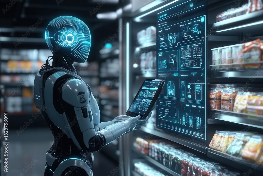 Poster Modern AI assistant interface processing a grocery order in a futuristic supermarket with sleek design and blue glowing elements