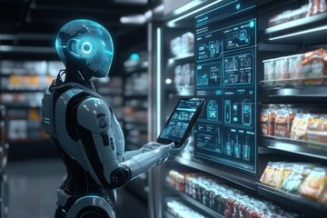 Modern AI assistant interface processing a grocery order in a futuristic supermarket with sleek design and blue glowing elements