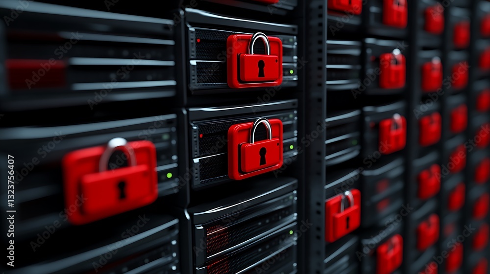 Poster data center storage security close-up with locked servers and red padlocks protecting information