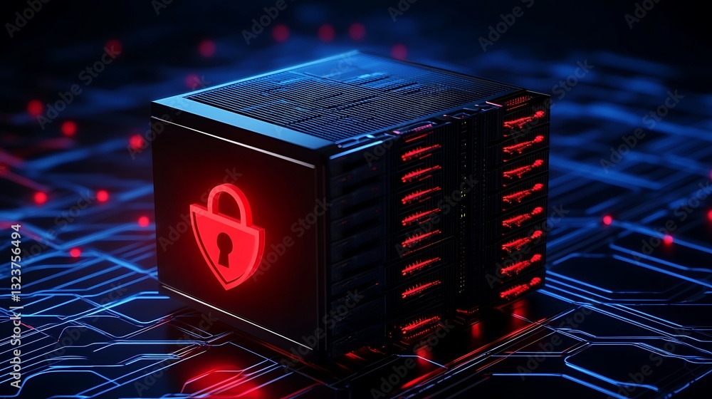 Poster data security concept with a locked server cube on a digital circuit backdrop featuring glowing ligh