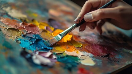Obraz premium Hands skillfully blend vibrant colors on a painter's palette, capturing the essence of artistry and creativity.