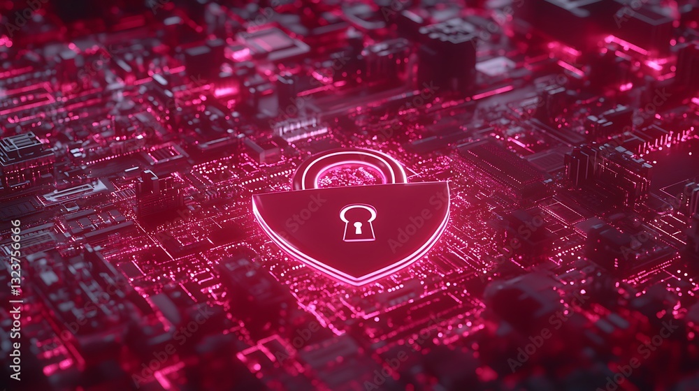 Poster digital cybersecurity concept with glowing lock symbol on a circuit board background in vibrant neon