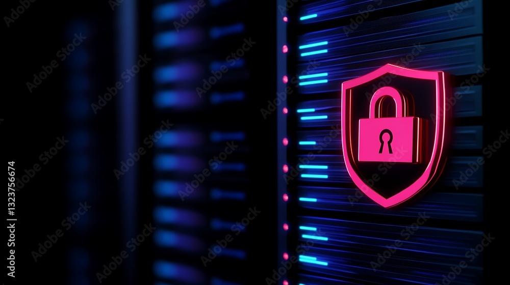 Poster digital cyber security shield icon on server background with neon lights and protective symbol for d